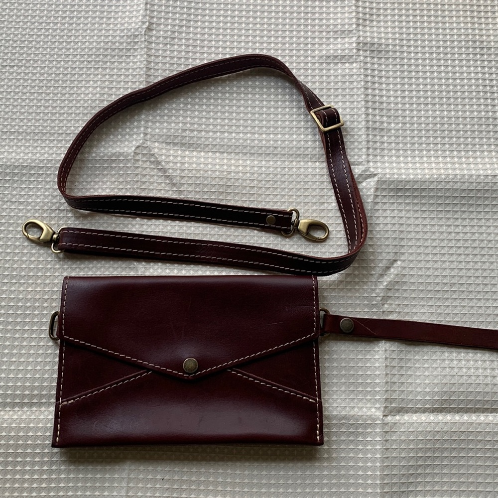 Portland Leather Goods Cognac Envelope Crossbody convertible wallet/purse.